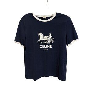 Celine Paris Navy Blue T-Shirt With White Horse & Carriage Graphic Logo Short Sl